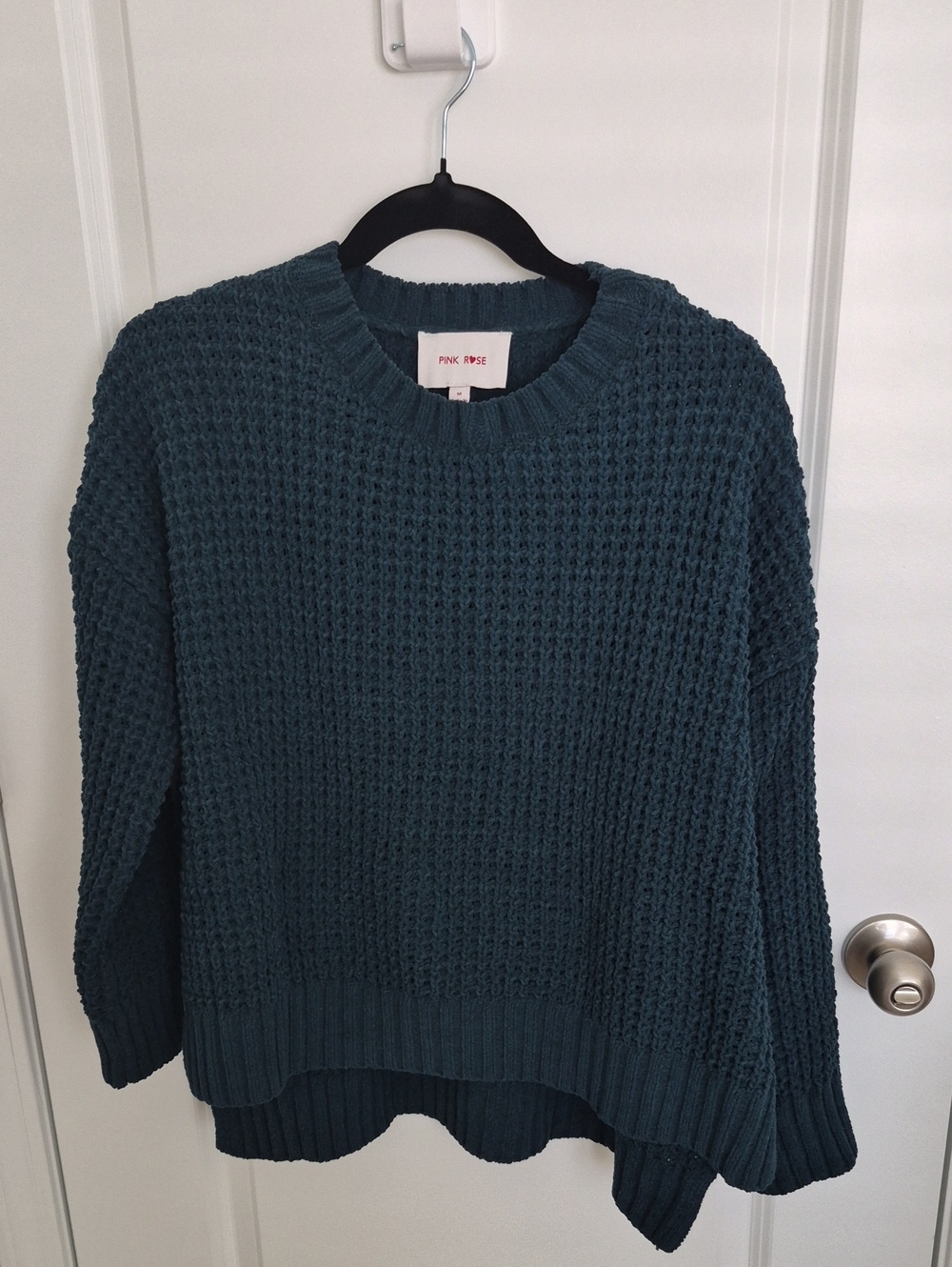 Women Pink Rose Waffle Knit Crewneck Sweater in Green